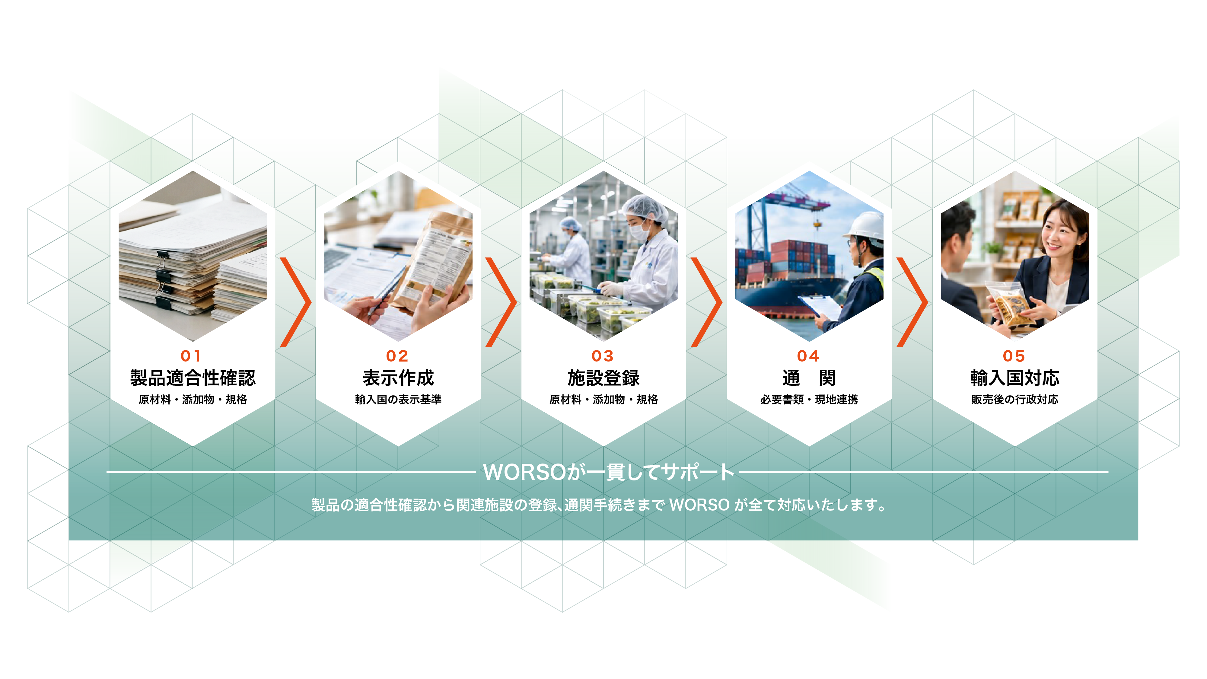 01 製品適合性確認、02 表示作成、03 施設登録、04 通関、05 輸入国対応。WORSOが一貫してサポートします。